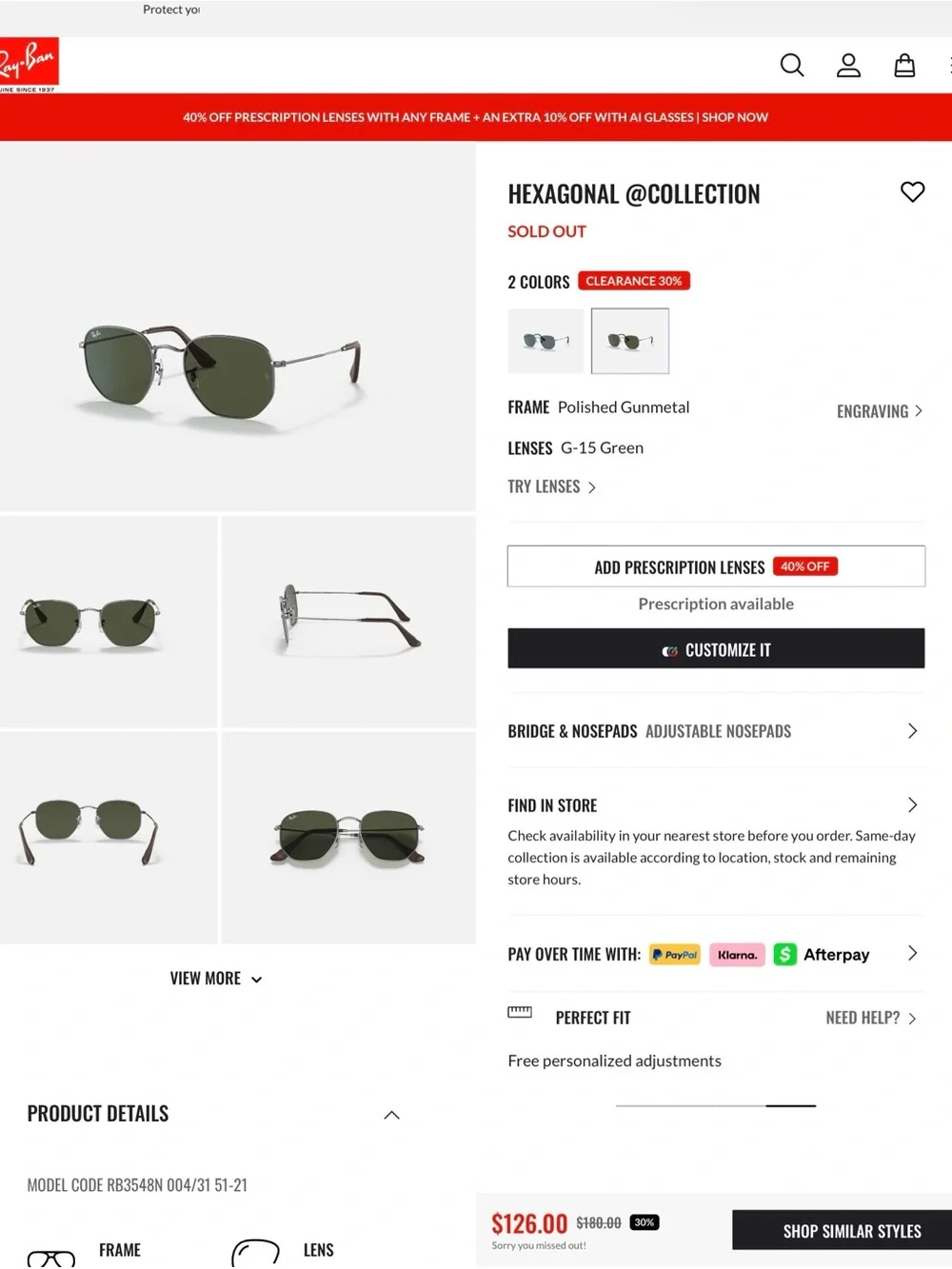 Ray-Ban polished gunmetal hexagonal Frame Sunglasses with G-15 green Lenses